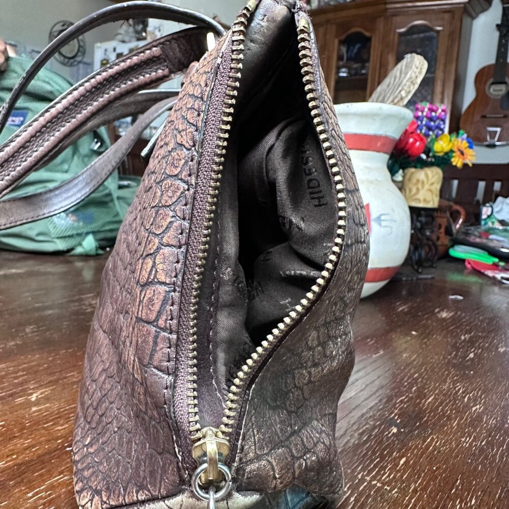 Crocodile-Embossed Brown Leather Conceal Carry Handbag By Hidesign Double Handle - Picture 9 of 14